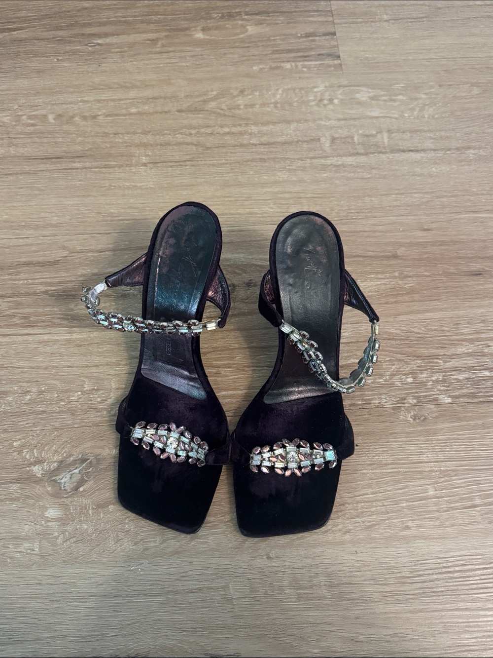 Vicini Black Satin Heeled Sandals with Crystal Straps